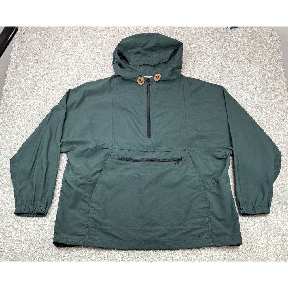 LL Bean Men's XL Green Vintage Anorak Windbreaker Half Zip Hooded Jacket Logo